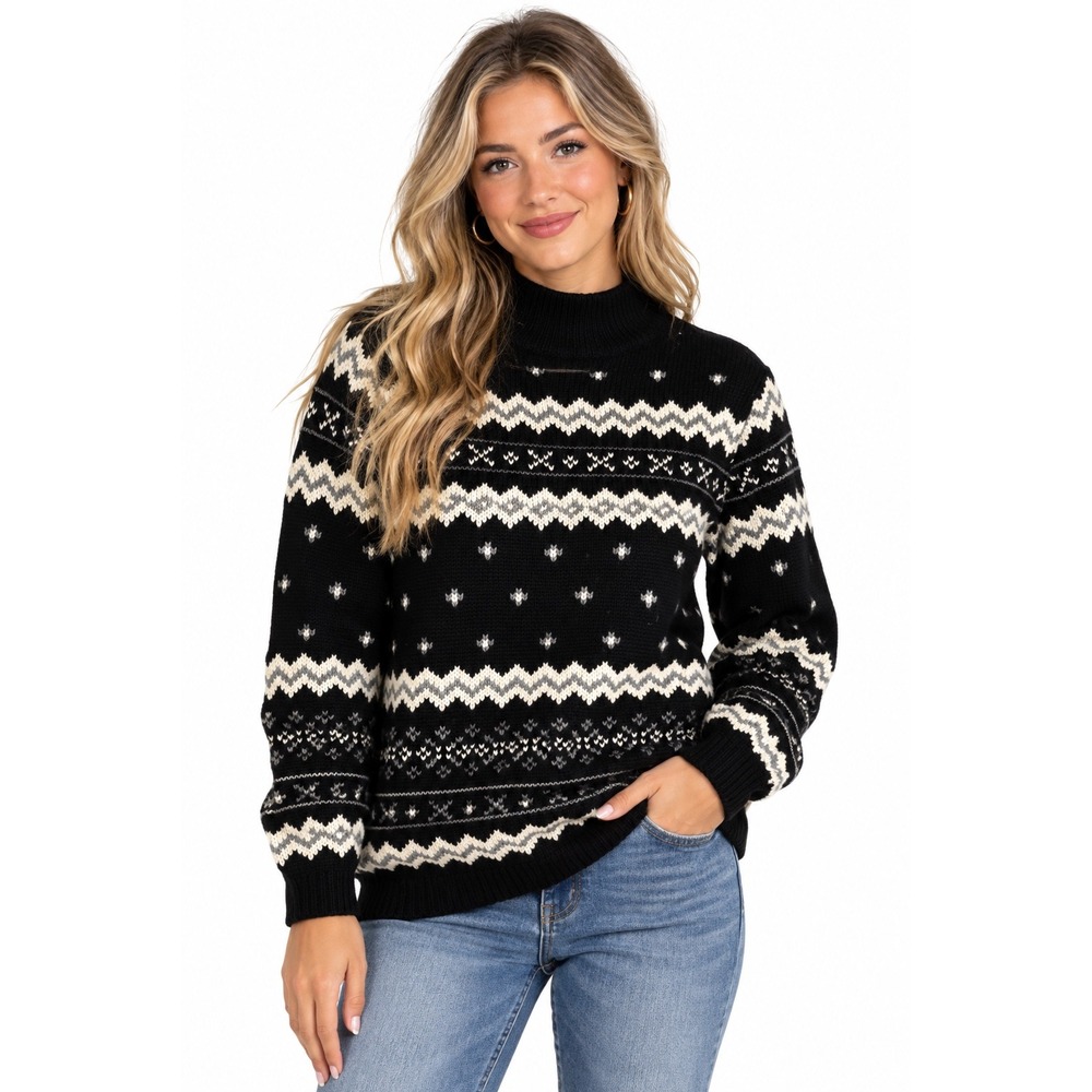 Liz Claiborne Petite Wool Fair Isle Mock Neck Sweater S Nordic Cabincore Ski
